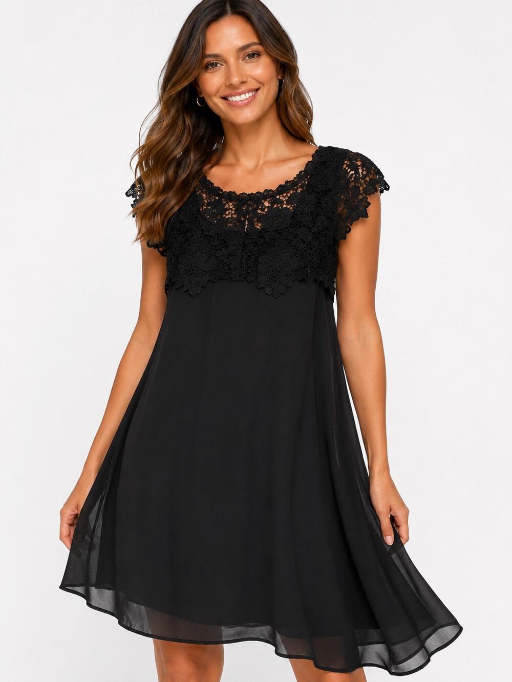 Alberto Makali Black Lace Overlay Chiffon Shift Dress Women’s Size Large